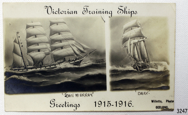 Black and white photograph of two ships in full sail at sea