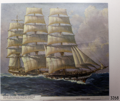 Sailing ship in full sail, close up, with titles