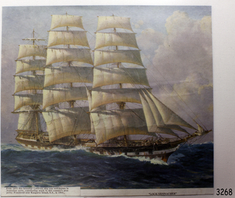Sailing ship in full sail, close up, with titles