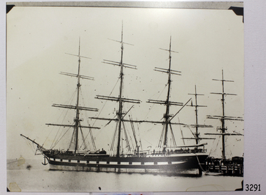 Black and white photograph of the sailing ship Loch Vennachar, sails lowered