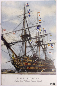 Sailing ship with coloured flags flying and figures on board