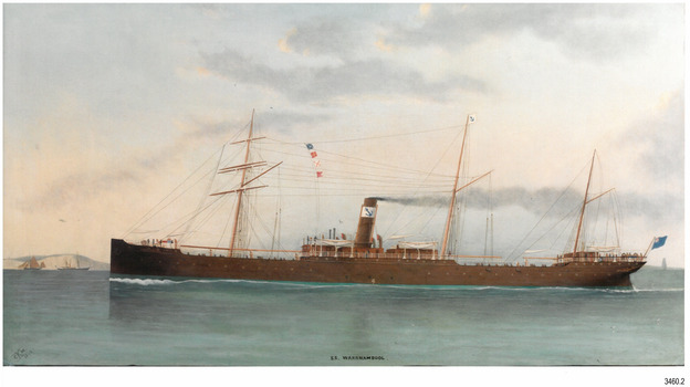 Steam ship on calm sea sailing towards left of photograph, 3 masts, flags flying, coast in background