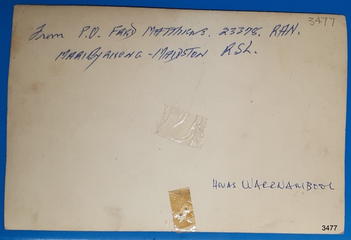 Hand written in pen, details of the donor and ship's name