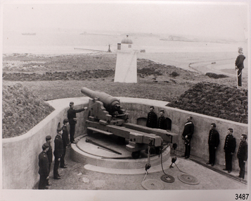 Volunteer Corps beside cannon on Flagstaff Hill facing Lady Bay