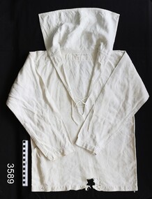 White long sleeve shirt with wide collar flap at the back
