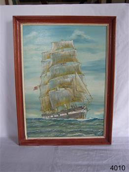 Painting of a tall sailing ship, mounted in a red-brown frame