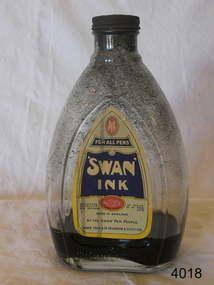 A large oval bottle containing a small amount of ink with a 'Swan Ink' label. 