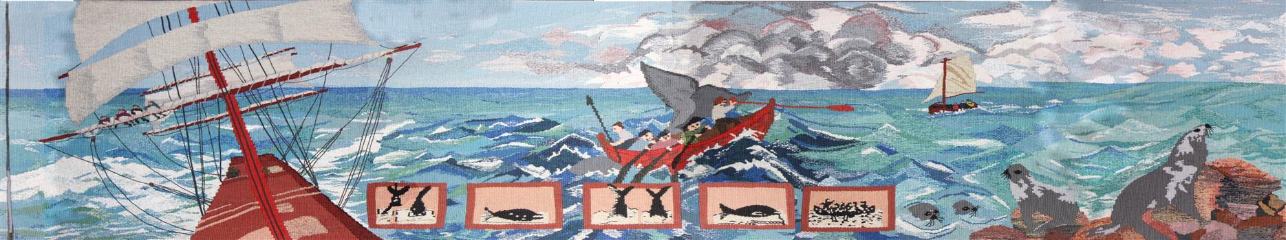 Vessels on the sea, whaling in action, seals on rocks