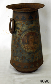 Design shows a female portrait within a round frame and decorative Egyptian motifs around the container and on the lip. 