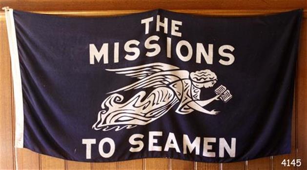 Rectangular navy flag with text and the Flying Angel emblem