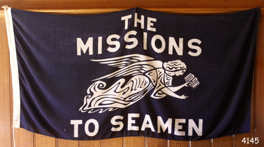 Rectangular navy flag with text and the Flying Angel emblem