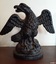 Front of first eagle, beak open, head and tail to viewer's left, wings spread out, 