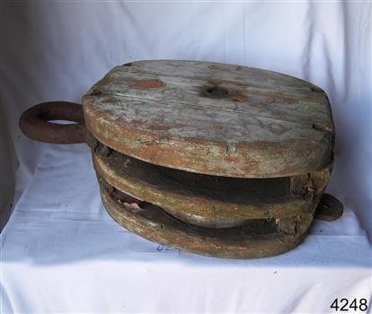Wooden two-sheave block with metal sheaves, becket and straps