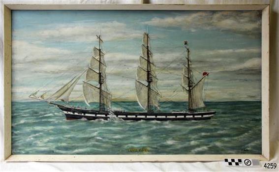 Oil painting in white timber frame. subject is a three-masted sailing ship at sea with figures onboard.