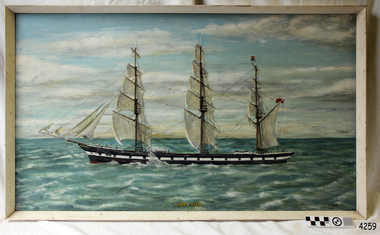 Oil painting in white timber frame. subject is a three-masted sailing ship at sea with figures onboard.