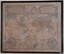 Dark brown wooden timer frame around coloured print of world map on beige paper. 