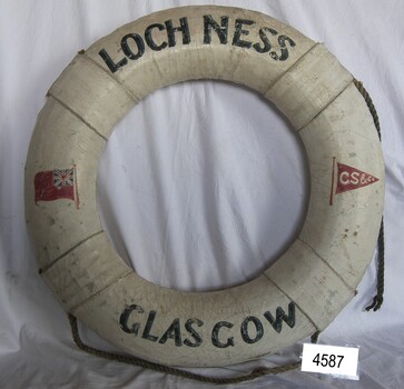 Lifebuoy has images and text stenciled on the canvas cover.