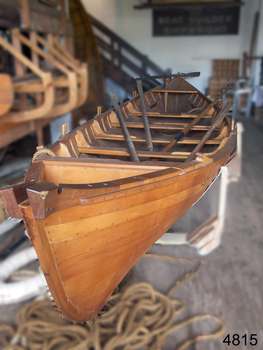 Whaleboat's planking, seats and oars in place
