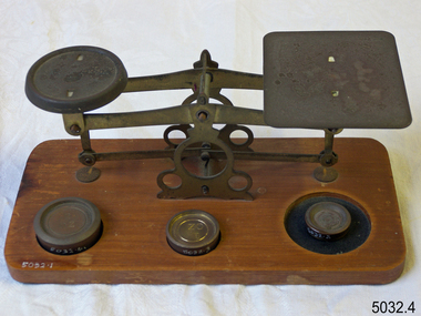 Antique Brass Postal Scale for Letters, 1/2 oz., 1oz., 2oz. brass weights