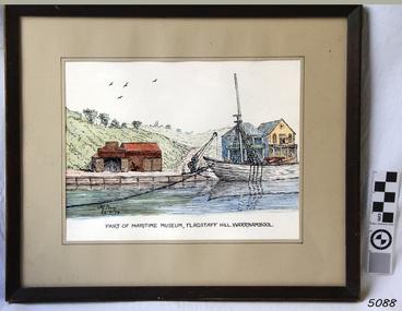 Painting shows the blacksmith's building and the vessel Reginald M on the harbour