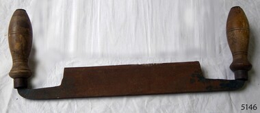 Draw knife has straight metal blade and bulbous wooden handles with scribed rings.