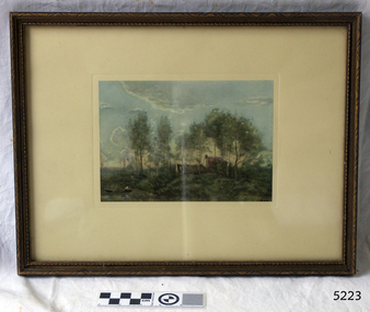Carved timber-framed print of landscape. Cream matt around print.