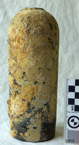 Bottle has round shoulders and slightly inward tapering body. Neck is missing.