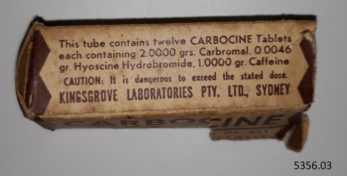 Container or vial that once contained  pills, and a label named Carbocine. Also an instuction leaflet.