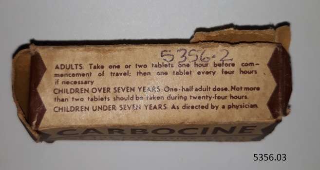 Container or vial that once contained  pills, and a label named Carbocine. Also an instuction leaflet.