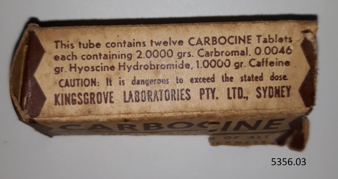 Container or vial that once contained  pills, and a label named Carbocine. Also an instuction leaflet.
