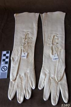 Pair of long white gloves with two button closure at the wrist
