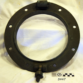 Metal frame has fixing holes, hinge and closure hardware.