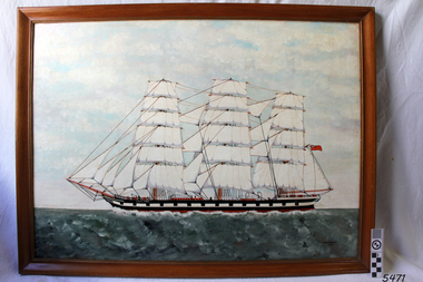 Ship in full sail, at sea, bow pointing left. Figures on board.