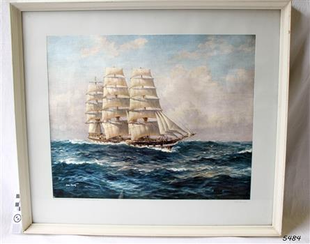 Framed coloured print of a sailing ship in full sail