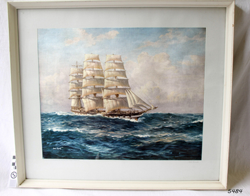 Framed coloured print of a sailing ship in full sail