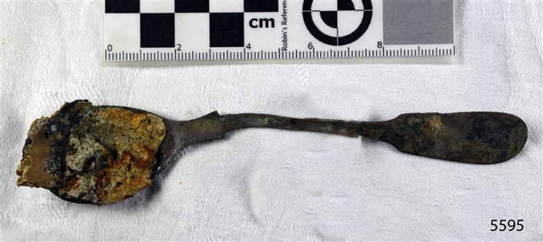 Spoon in golden colour covered with black and green marks and sea crustaceans