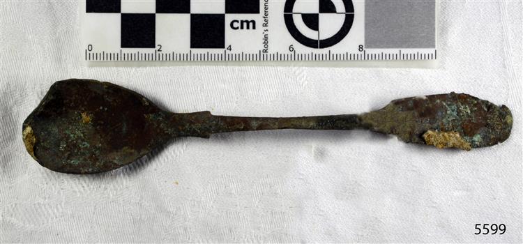 Spoon in golden colour covered with black and green marks and sea crustaceans