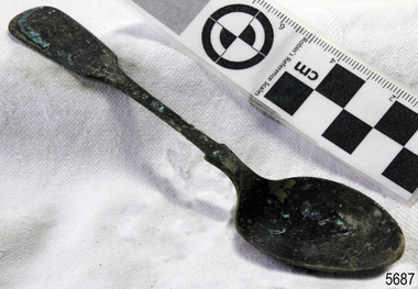 Spoon in golden colour covered with black and green marks and sea crustaceans
