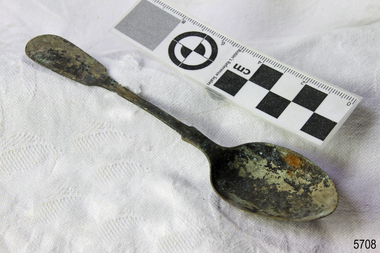 Spoon in golden colour covered with black and green marks and sea crustaceans