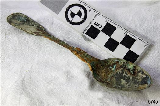 A large spoon golden in colour covered in black and green marks