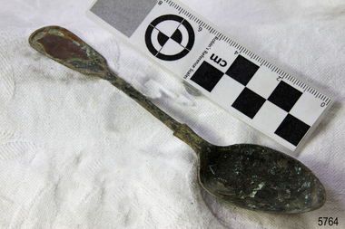 Spoon in golden colour covered with black and green marks and sea crustaceans