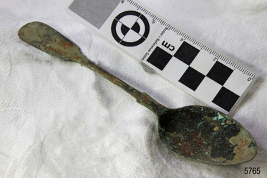 Spoon in golden colour covered with black and green marks and sea crustaceans