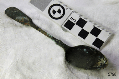 Spoon in golden colour covered with black and green marks and sea crustaceans
