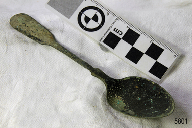 Spoon in golden colour covered with black and green marks and sea crustaceans