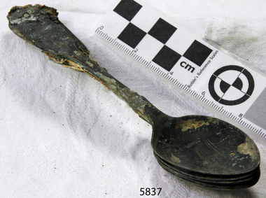 Spoons stuck together golden in colour covered in black and green marks and sea crustaceans
