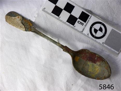 Spoon in golden colour covered with black and green marks and sea crustaceans
