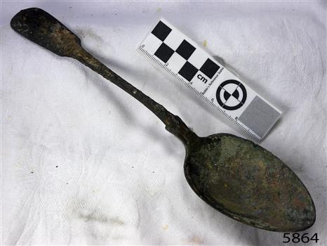Spoon in golden colour covered with black and green marks and sea crustaceans