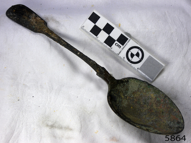 Spoon in golden colour covered with black and green marks and sea crustaceans
