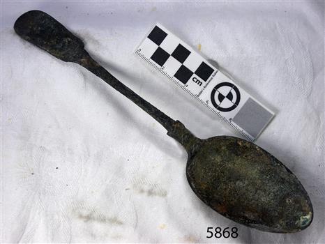 Spoon in golden colour covered with black and green marks and sea crustaceans