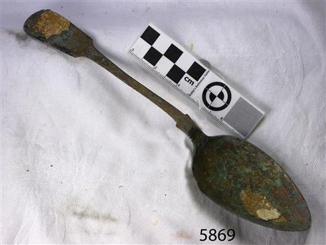 Spoon in golden colour covered with black and green marks and sea crustaceans